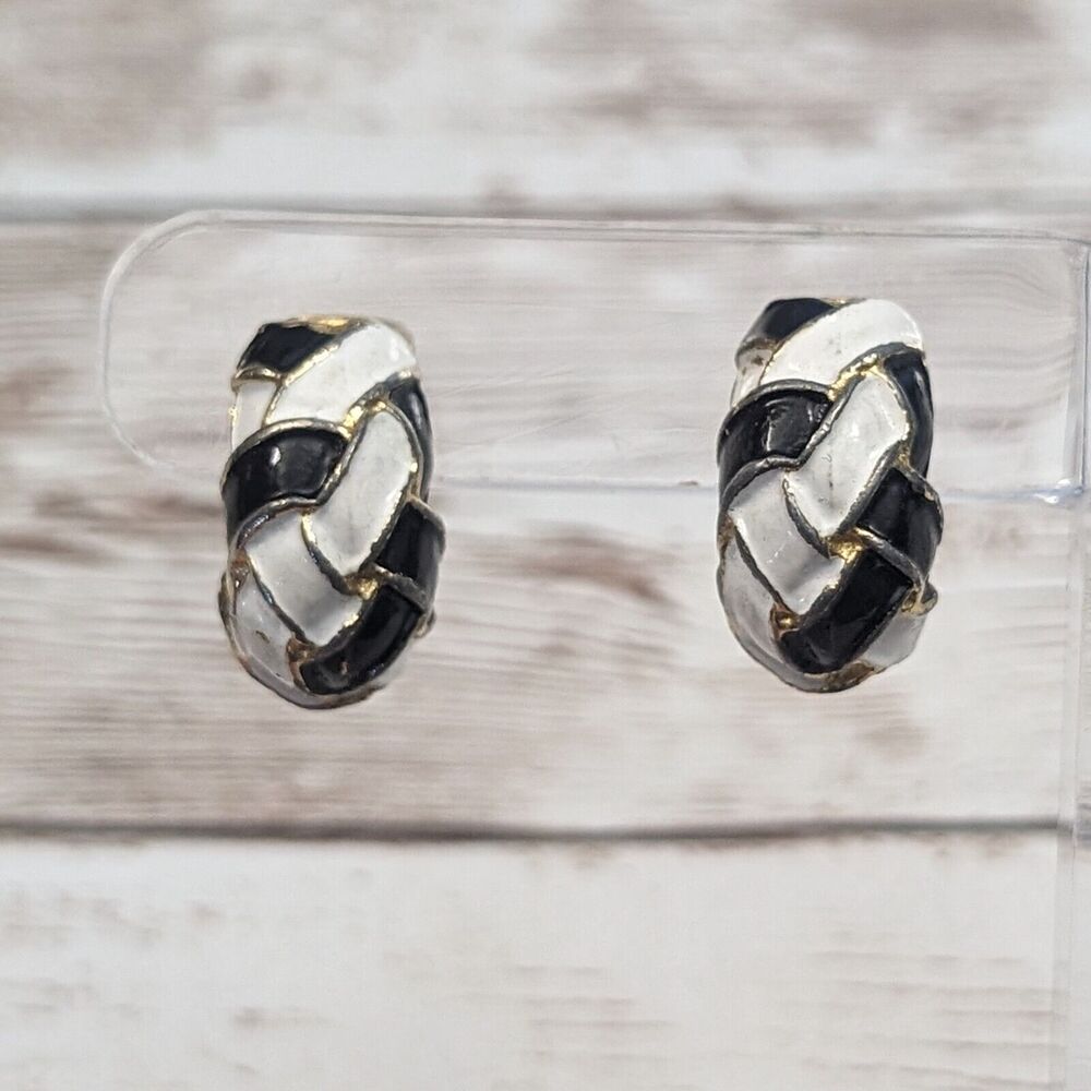 Vintage Clip On Earrings Black, Gold Tone, Off White Half Hoops - Fair Condition